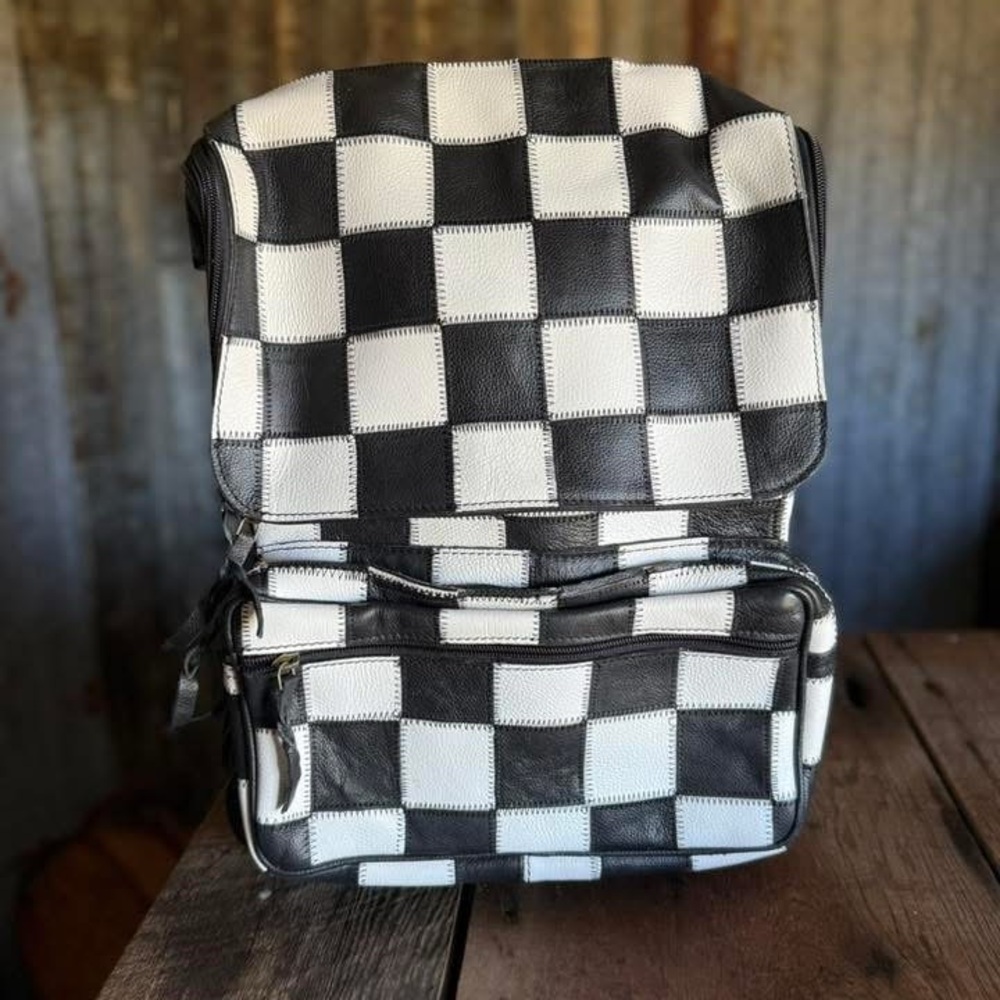 Checkered Black and White Leather Backpack